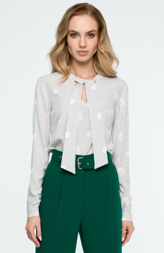 Elegancka bluzka z nadrukiem w paski i z wiązanym dekoltem