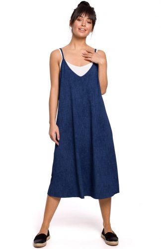 Sukienka midi trapezowa na ramiączkach denim